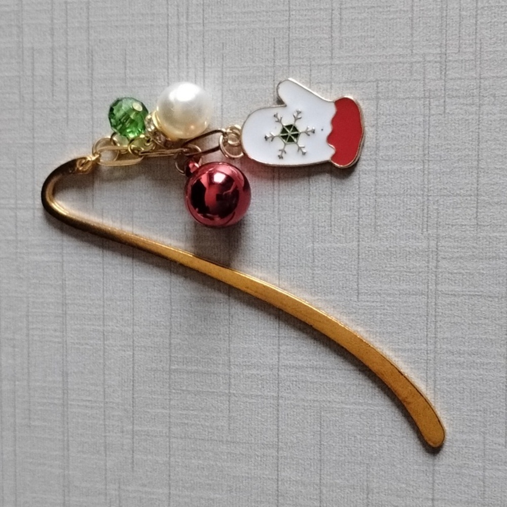 Mitten Bookmark Charm - Gold, Red, Green, White Christmas